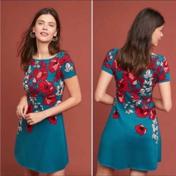 Anthropologie Dresses & Skirts - Anthropologie Maeve Allison Teal Floral Knit Sweater Dress Sz Small EUC Holiday